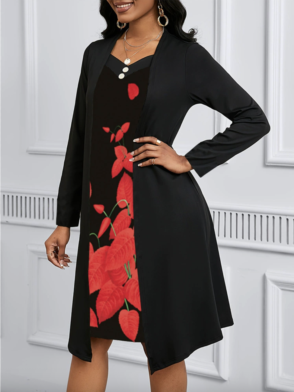 Women Floral Spring/Fall Dress V Neck Long Sleeve A-Line Dress