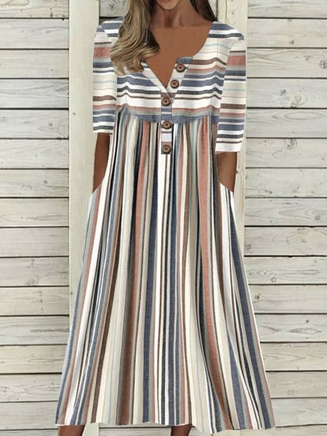 Women Striped Half Open Collar Half Sleeve Comfy Casual Printing Maxi Dress