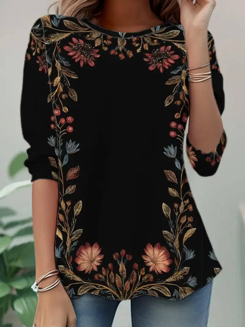 Casual Floral Crew Neck Long Sleeve T-shirt