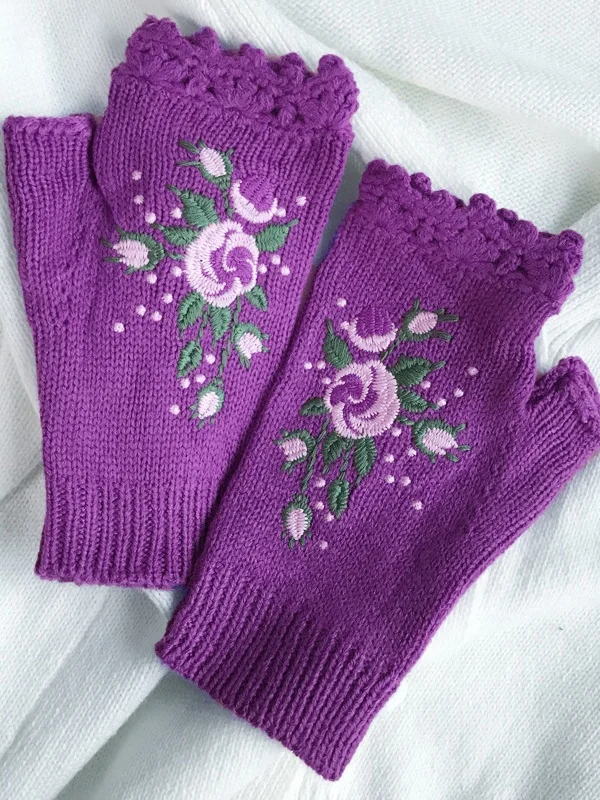 Knitted Boho Floral Autumn And Winter Ins Embroidered Women's Warm Gloves Bee Flower Adult Knitted Gloves Embroidered Wool Gloves