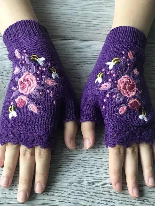 Knitted Boho Floral Autumn And Winter Ins Embroidered Women's Warm Gloves Bee Flower Adult Knitted Gloves Embroidered Wool Gloves