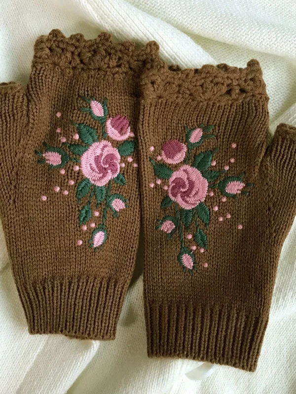 Knitted Boho Floral Autumn And Winter Ins Embroidered Women's Warm Gloves Bee Flower Adult Knitted Gloves Embroidered Wool Gloves