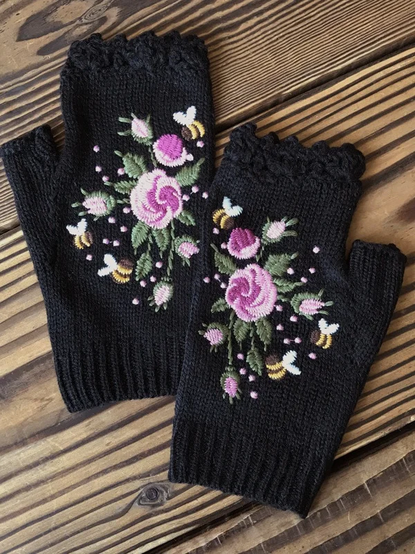 Knitted Boho Floral Autumn And Winter Ins Embroidered Women's Warm Gloves Bee Flower Adult Knitted Gloves Embroidered Wool Gloves