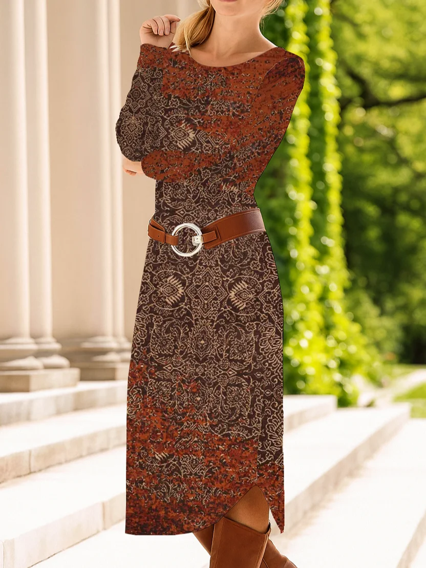 Women Abstract Spring/Fall Dress Crew Neck Long Sleeve T-Shirt Dress A-Line Dress