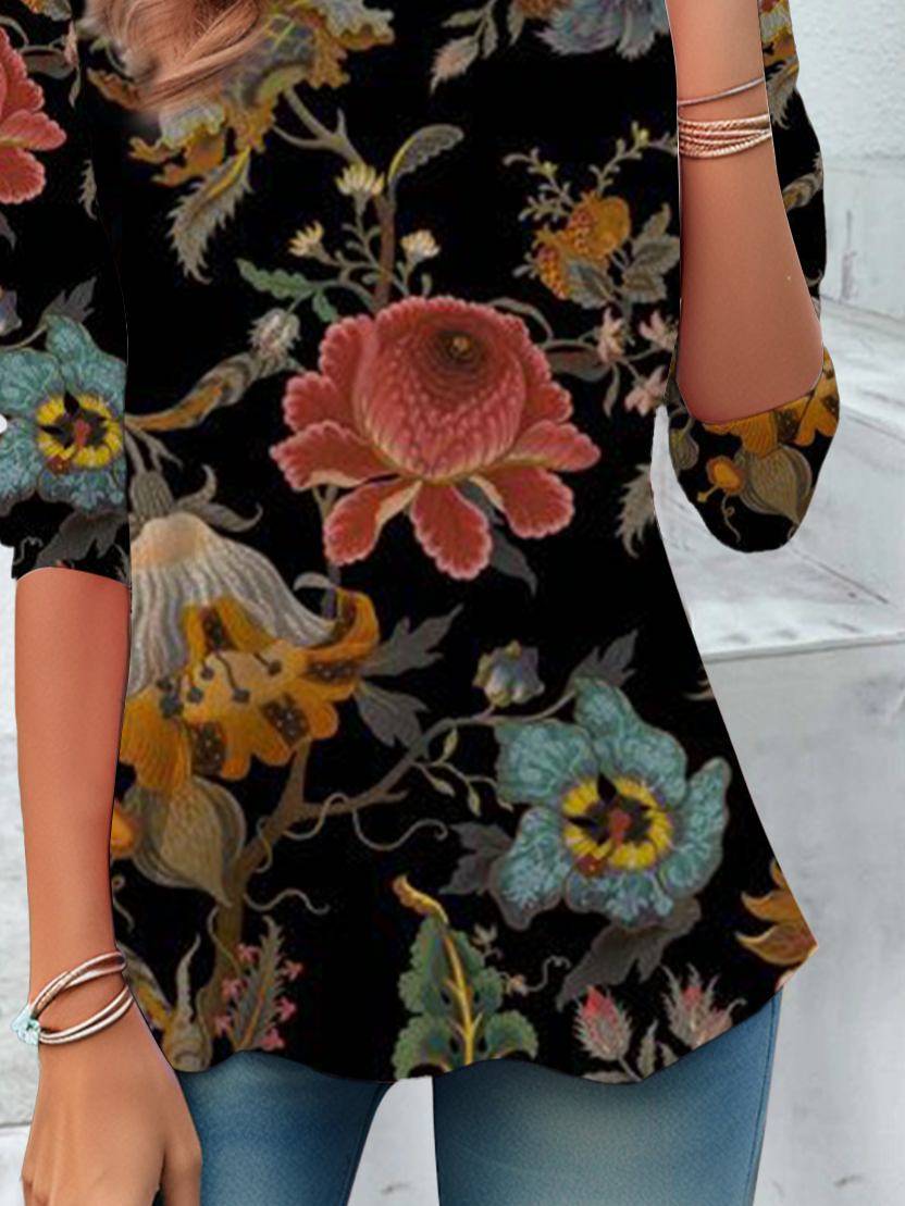 Casual Floral Crew Neck Long Sleeve T-shirt