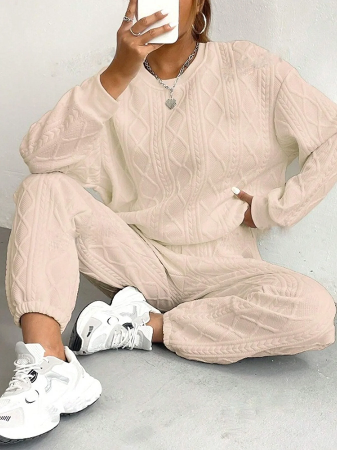 Women Plain Embossed Two-Piece Set Daily Long Sleeve Casual Spring/Fall Top With Pants Matching Set