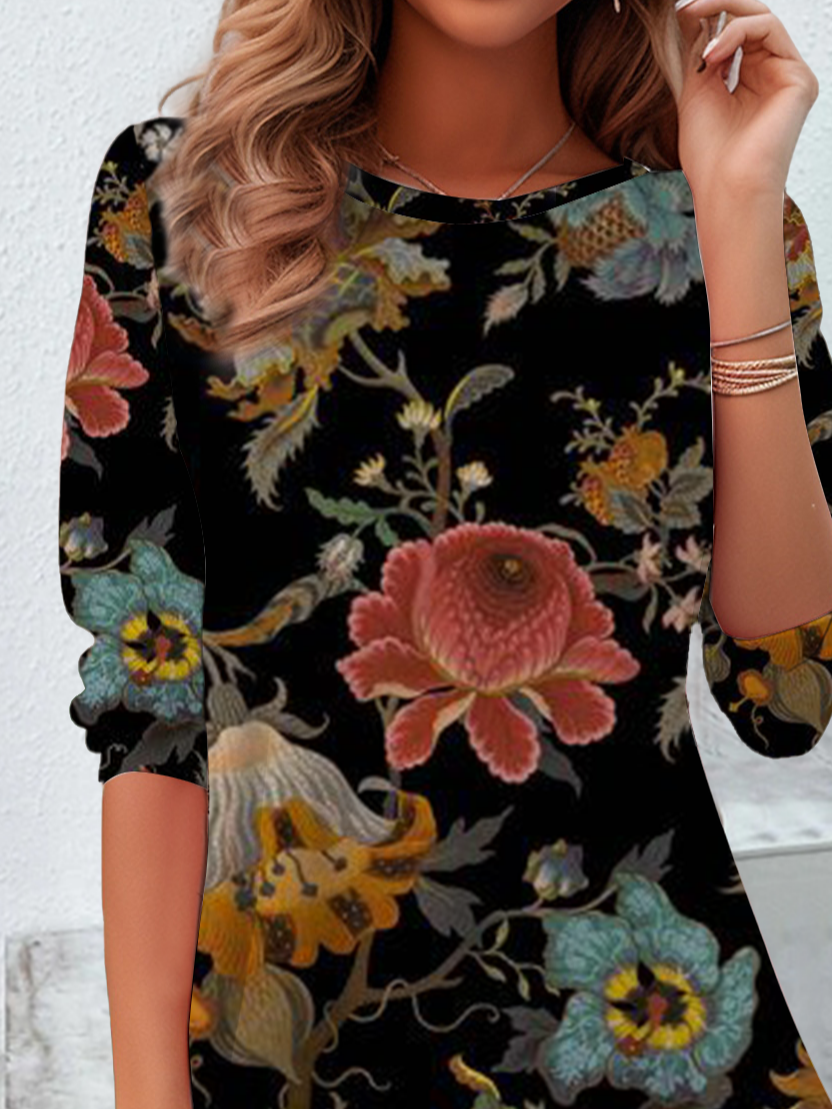Casual Floral Crew Neck Long Sleeve T-shirt