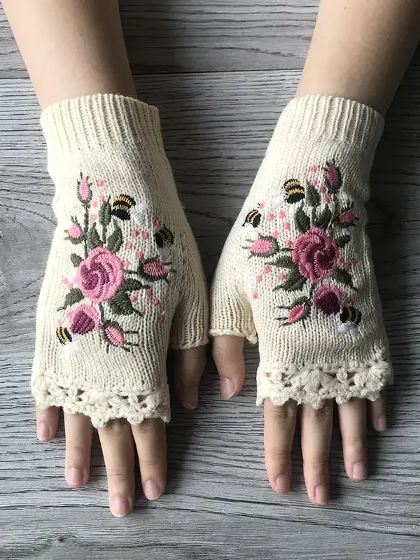 Knitted Boho Floral Autumn And Winter Ins Embroidered Women's Warm Gloves Bee Flower Adult Knitted Gloves Embroidered Wool Gloves