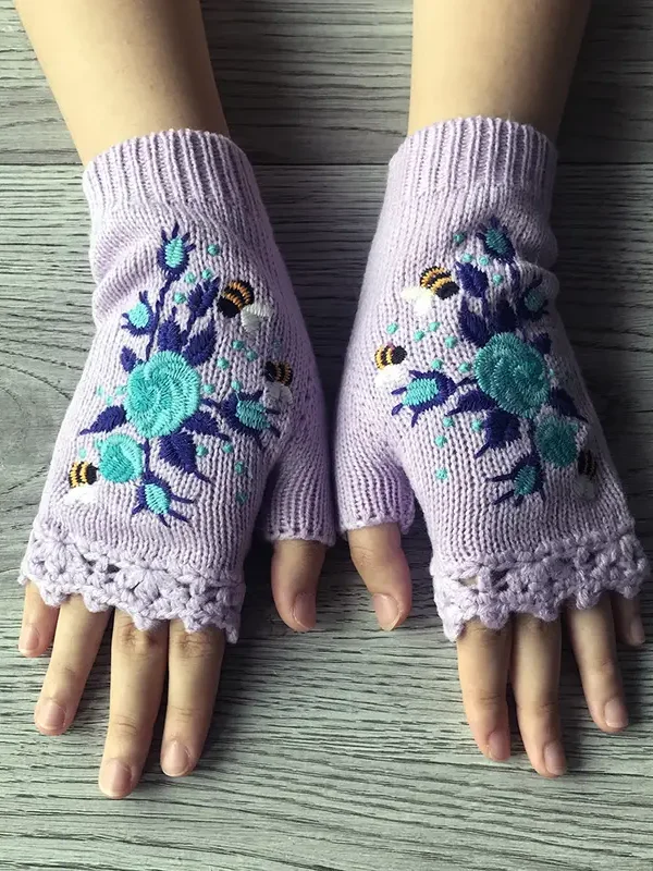 Knitted Boho Floral Autumn And Winter Ins Embroidered Women's Warm Gloves Bee Flower Adult Knitted Gloves Embroidered Wool Gloves