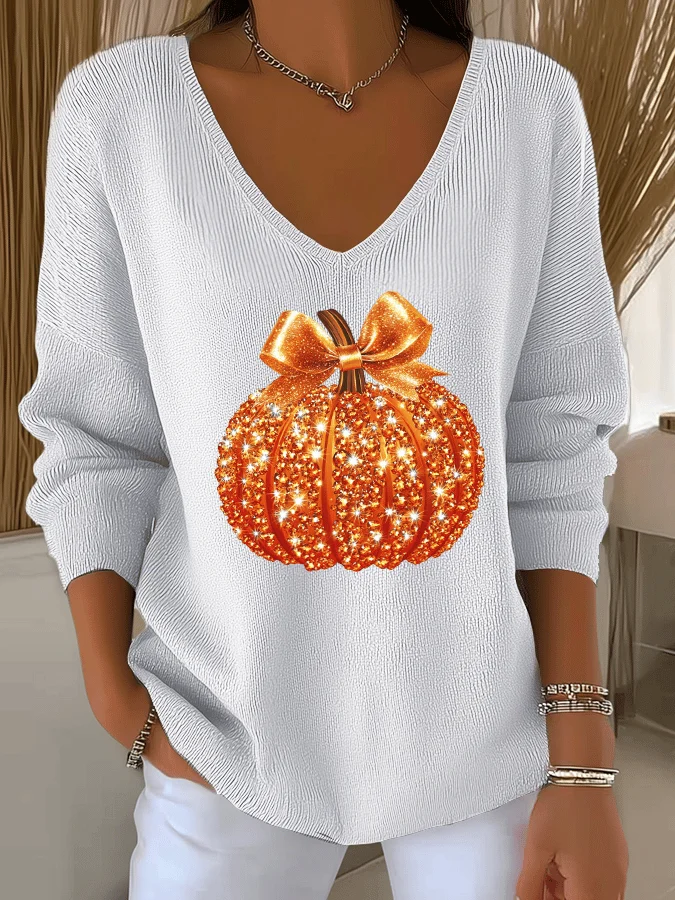 Casual Halloween Sequin Pumpkin Print V Neck Long Sleeve T-shirt
