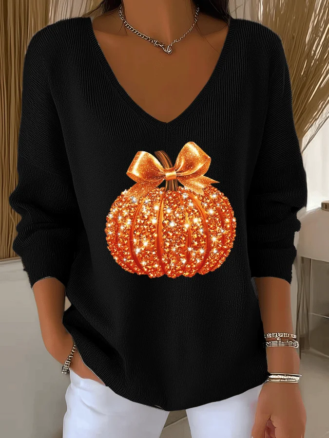 Casual Halloween Sequin Pumpkin Print V Neck Long Sleeve T-shirt