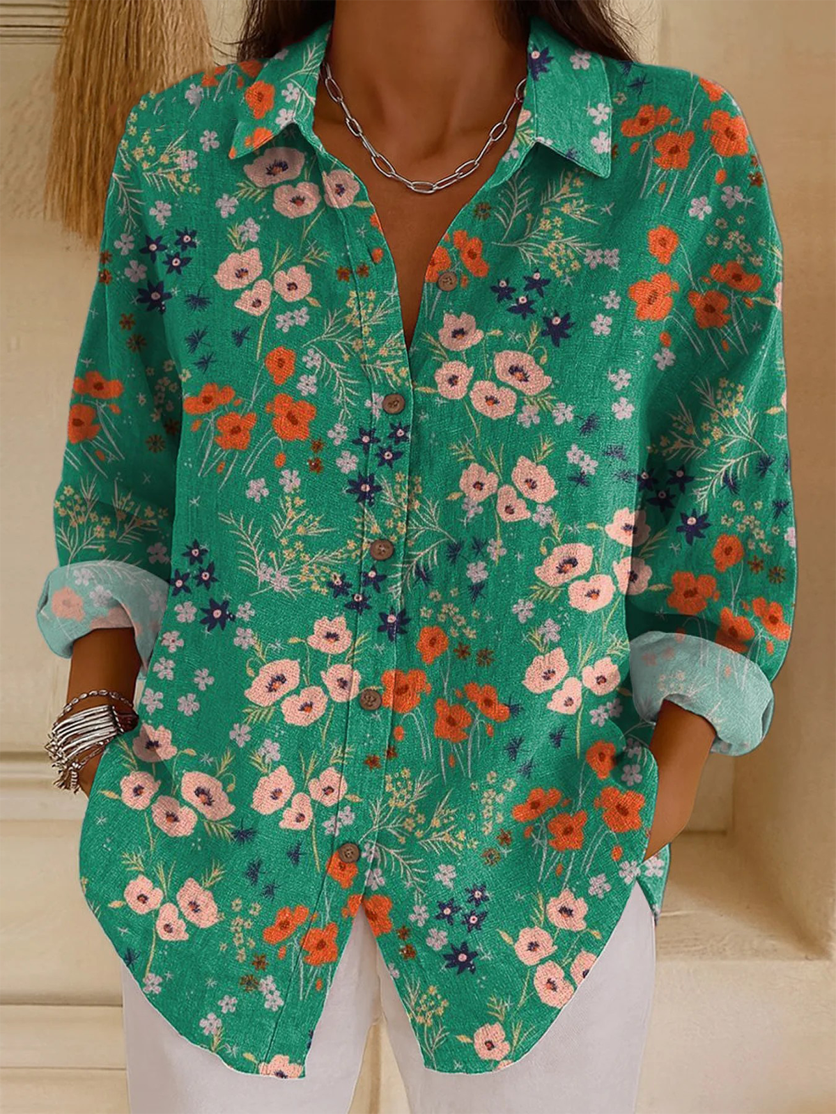 Shirt Collar Long Sleeve Floral Regular Loose Shirt For Women