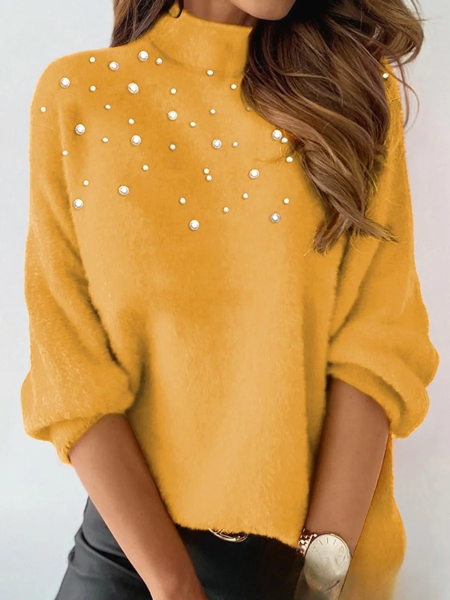 Women Plain Long Sleeve Comfy Street Beaded Sweater