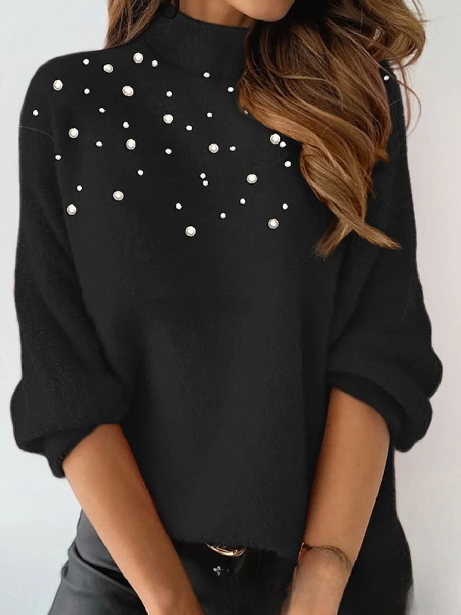 Women Plain Long Sleeve Comfy Street Beaded Sweater