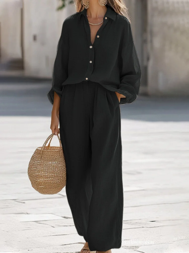 Women Plain Split Joint Two-Piece Set Daily Long Sleeve Casual Spring/Fall Top With Pants Matching Set