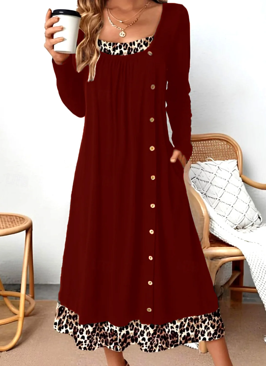 Women Color Block Spring/Fall Dress Crew Neck Long Sleeve A-Line Dress