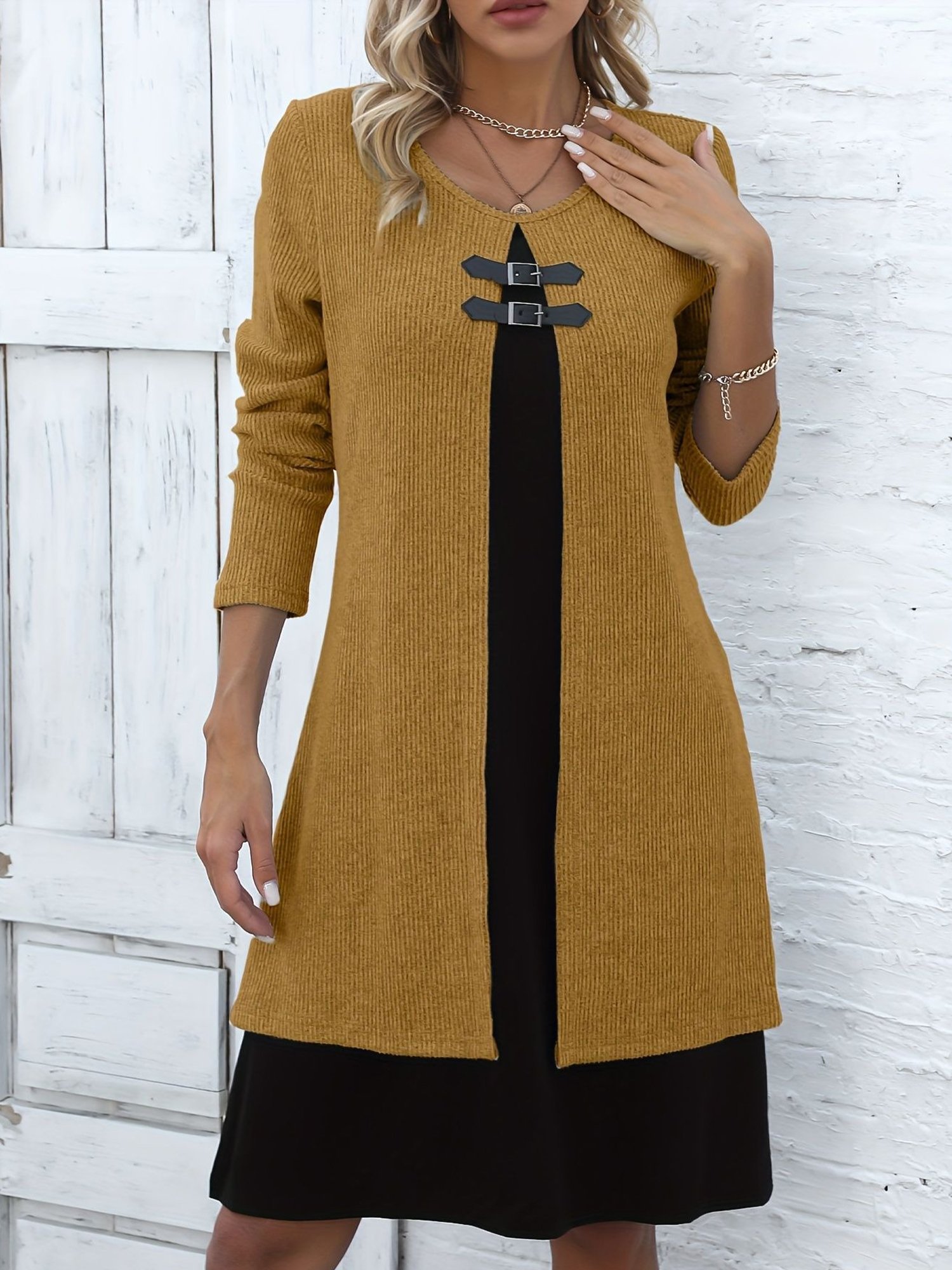 Women Color Block Spring/Fall Dress Crew Neck Long Sleeve A-Line Dress