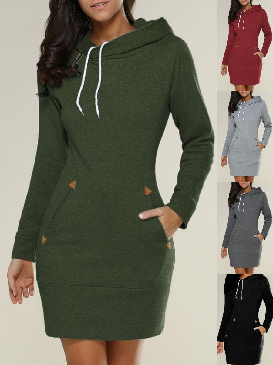 Women Plain Spring/Fall Split Joint Dress Hoodie Long Sleeve Tank A-Line Dress