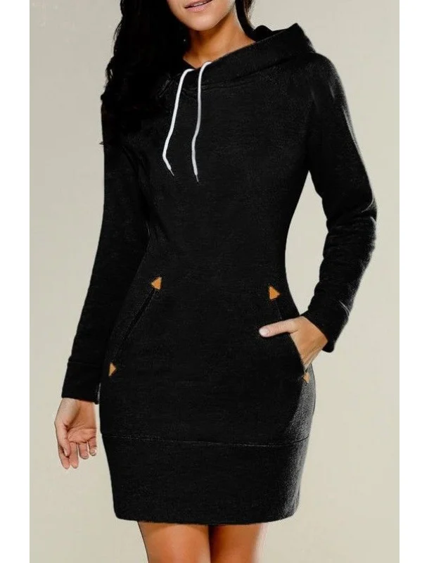 Women Plain Spring/Fall Split Joint Dress Hoodie Long Sleeve Tank A-Line Dress