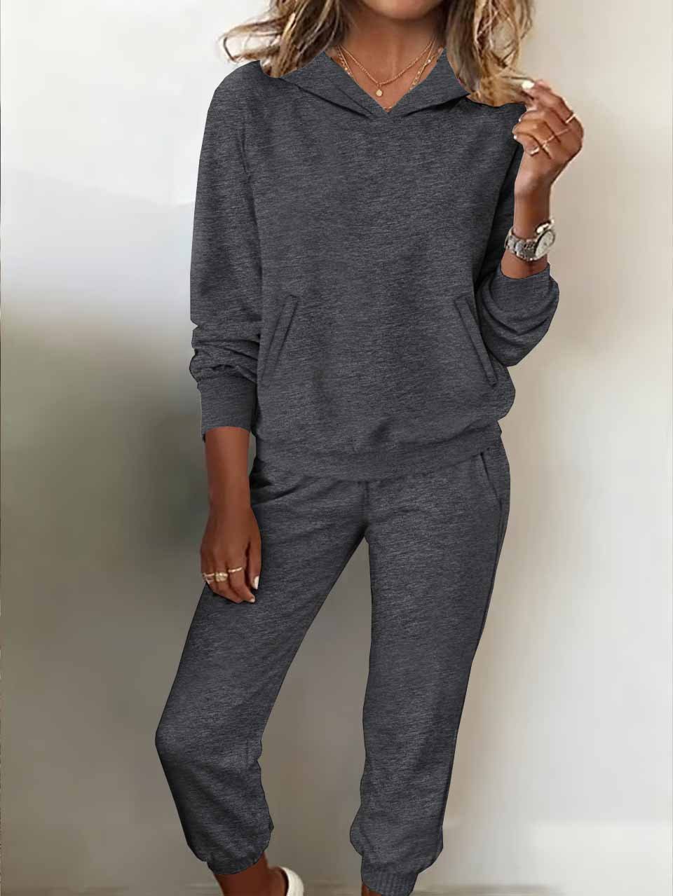 Women Plain Two-Piece Set Daily Long Sleeve Vintage Winter Top With Pants Matching Set