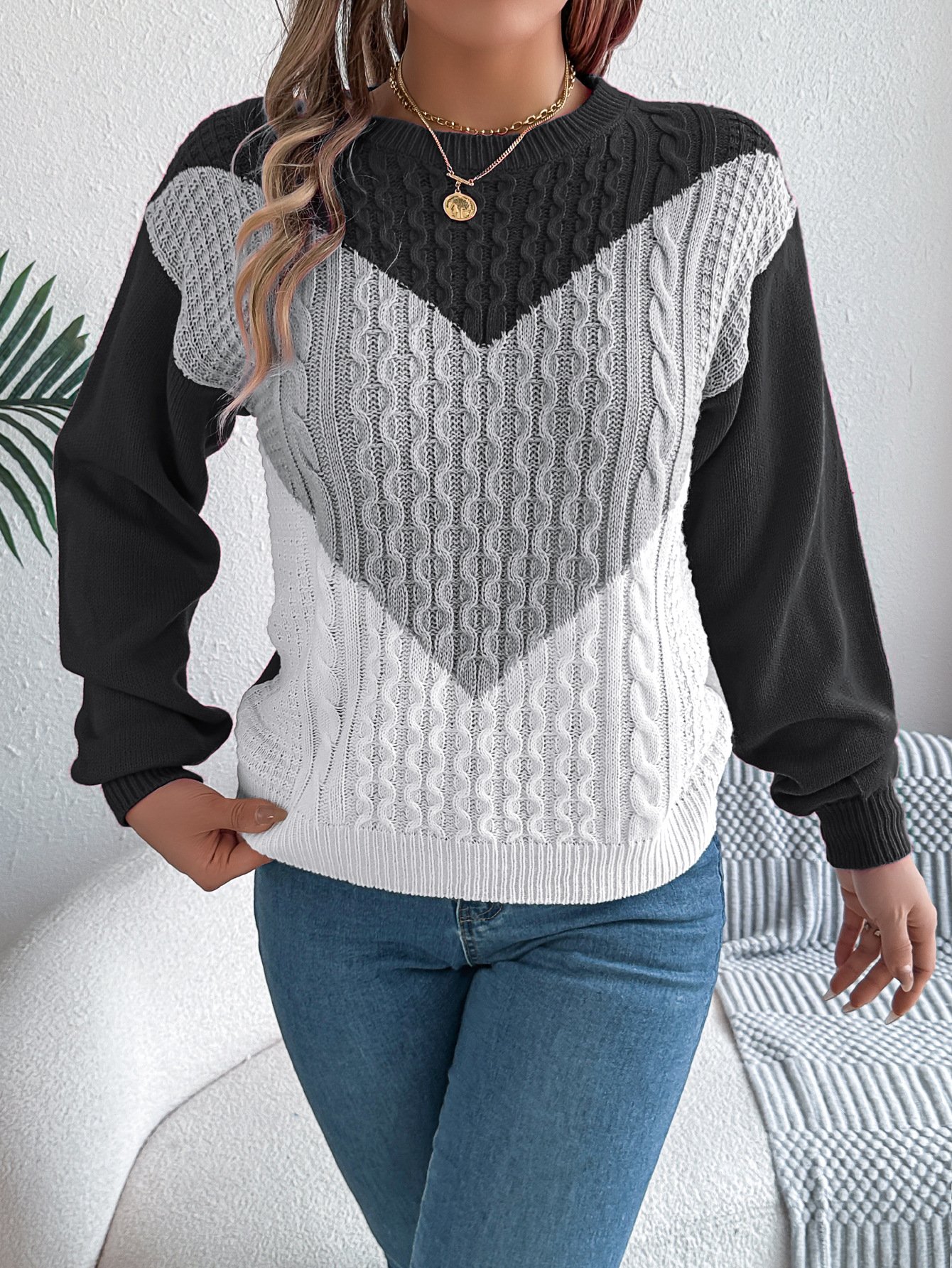 Women Cotton Geometric Long Sleeve Comfy Casual Sweater