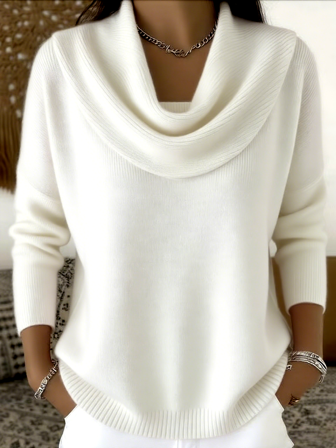 Women Cotton Plain Long Sleeve Comfy Casual Sweater