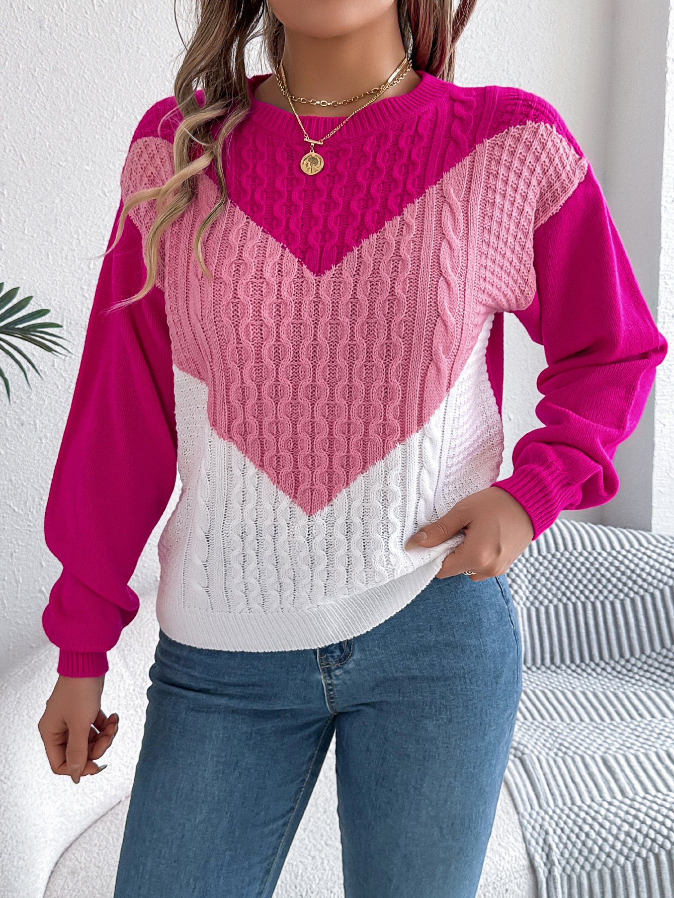 Women Cotton Geometric Long Sleeve Comfy Casual Sweater