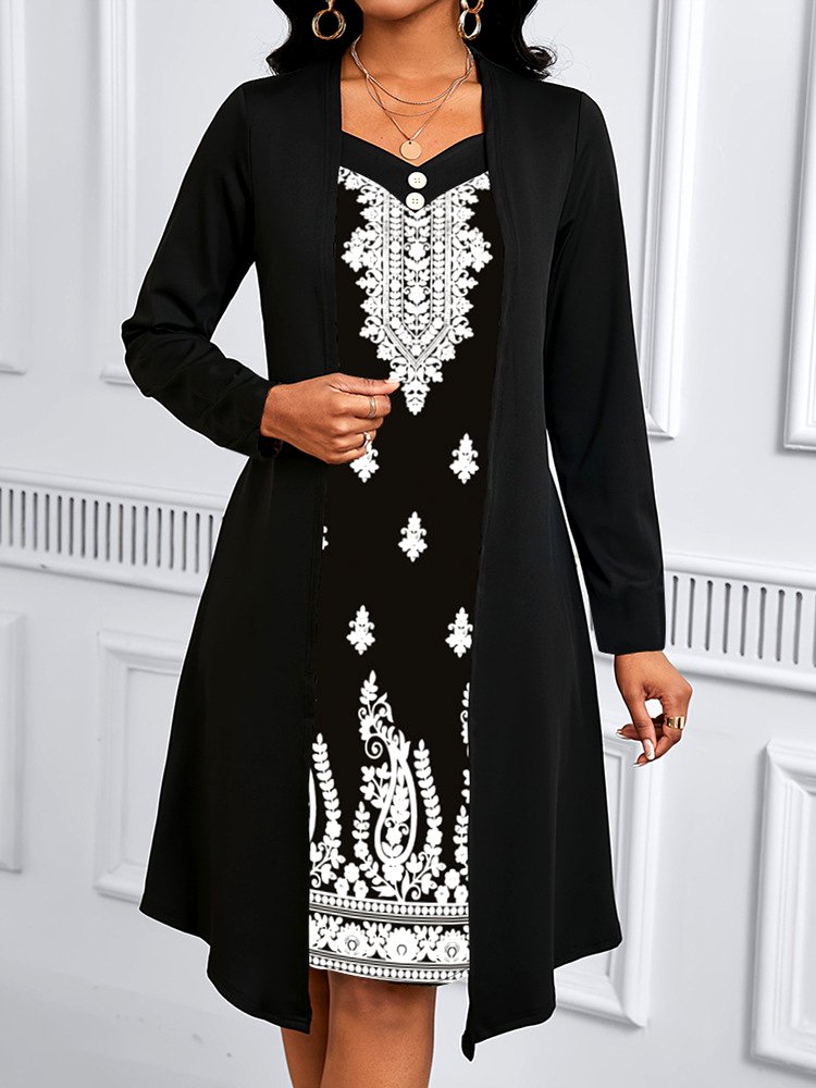 Women Geometric Spring/Fall Dress V Neck Long Sleeve A-Line Dress