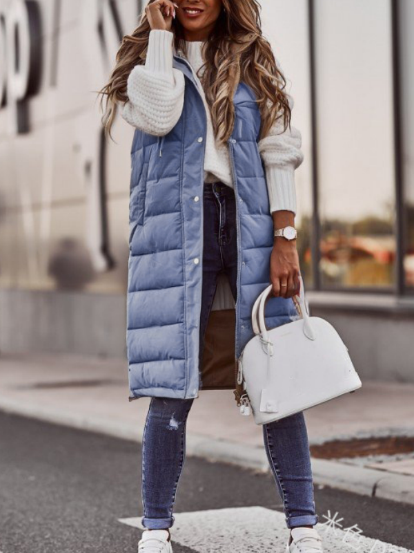 Zipper Plain Elegant Cotton Coat Solid Color Hooded Single-breasted Mid-length Cotton Vest Slim Fit Temperament Cardigan Jacket Top