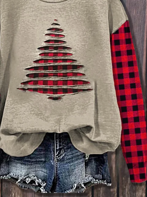 Casual Crew Neck Plaid Sweatshirt Printing
