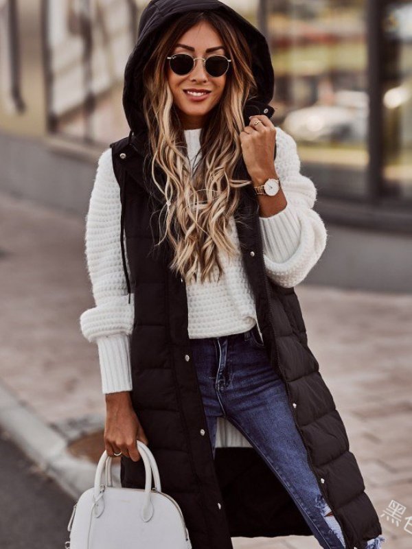 Zipper Plain Elegant Cotton Coat Solid Color Hooded Single-breasted Mid-length Cotton Vest Slim Fit Temperament Cardigan Jacket Top