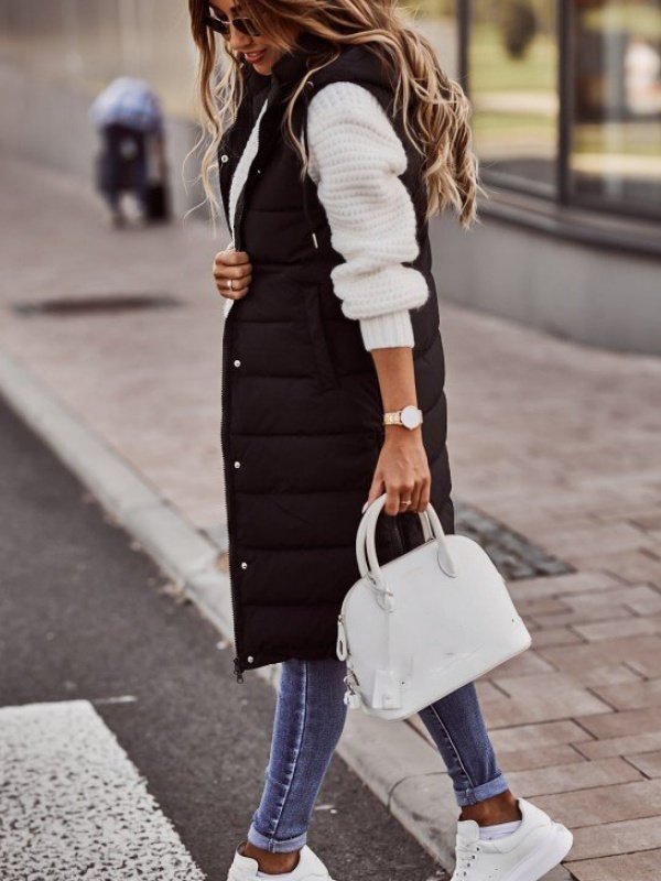 Zipper Plain Elegant Cotton Coat Solid Color Hooded Single-breasted Mid-length Cotton Vest Slim Fit Temperament Cardigan Jacket Top