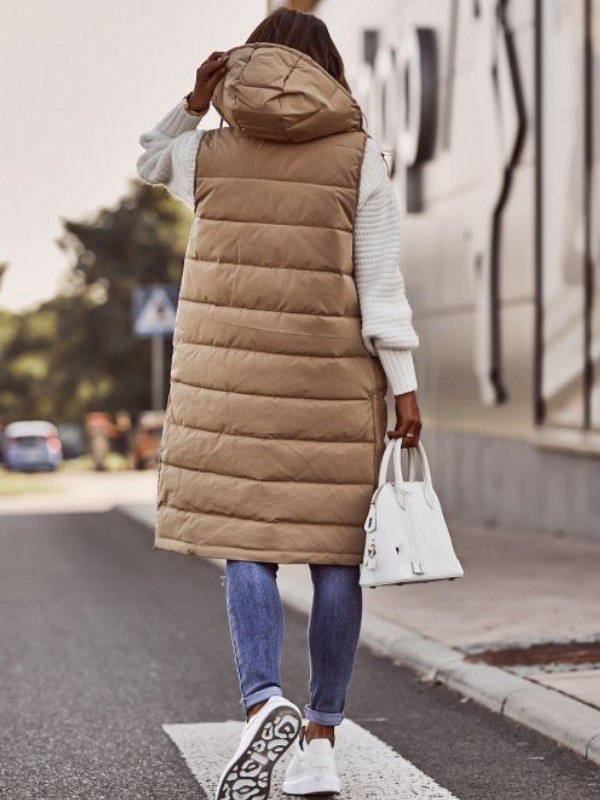 Zipper Plain Elegant Cotton Coat Solid Color Hooded Single-breasted Mid-length Cotton Vest Slim Fit Temperament Cardigan Jacket Top