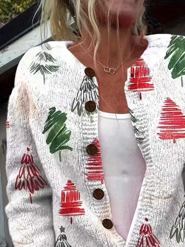 Women Christmas Long Sleeve Comfy Vintage Printing Cardigan