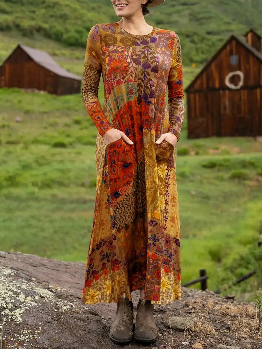 Women Geometric Summer Dress Crew Neck Long Sleeve H-Line Dress