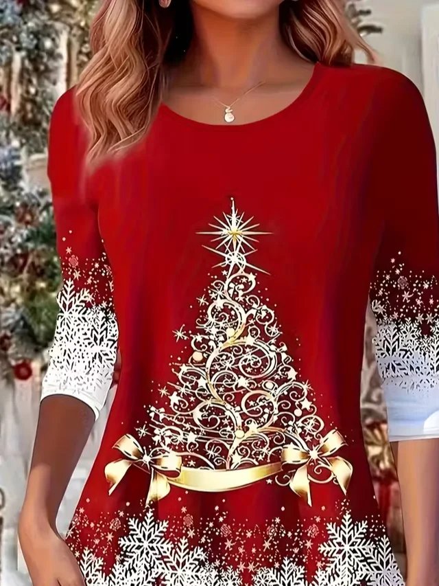 Casual Christmas Crew Neck Long Sleeve T-shirt