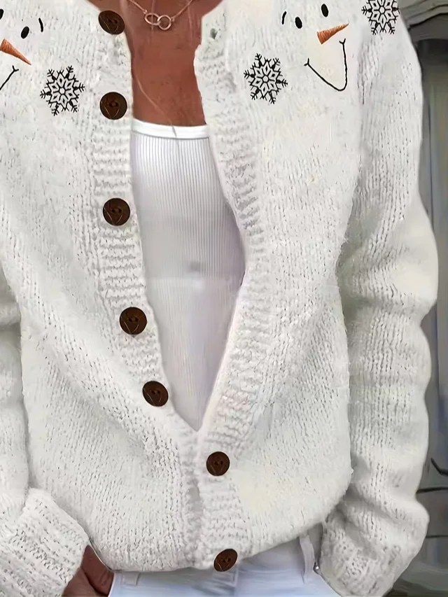 Women Christmas Snowman Long Sleeve Comfy Vintage Printing Cardigan