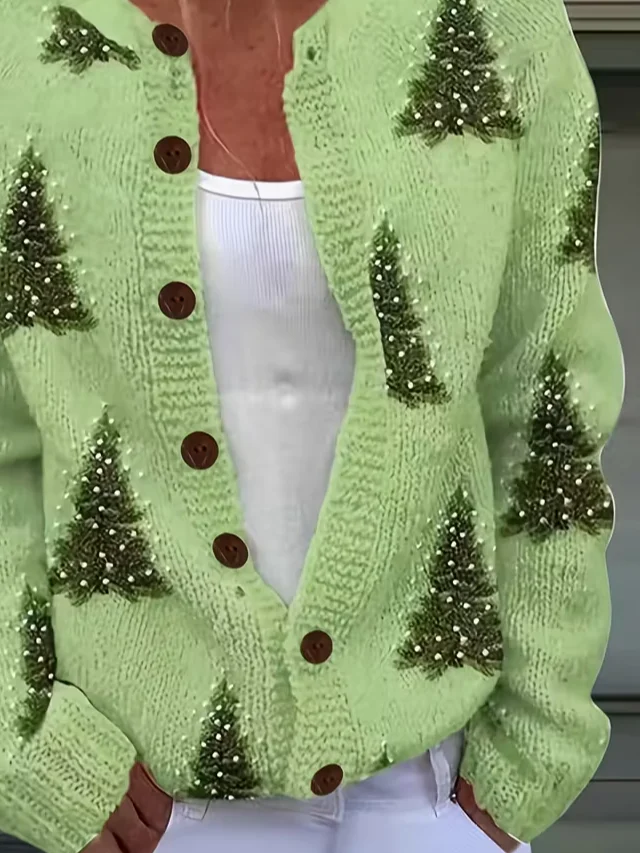 Women Christmas Long Sleeve Comfy Vintage Printing Cardigan