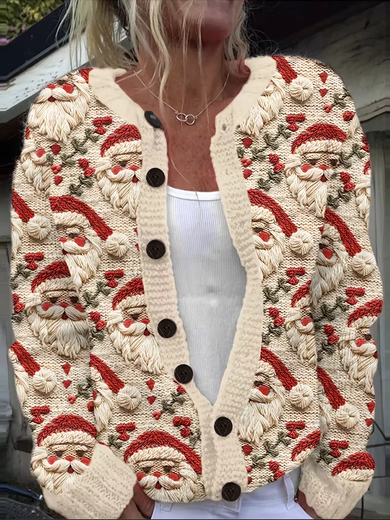 Women Santa Claus Long Sleeve Comfy Vintage Printing Cardigan