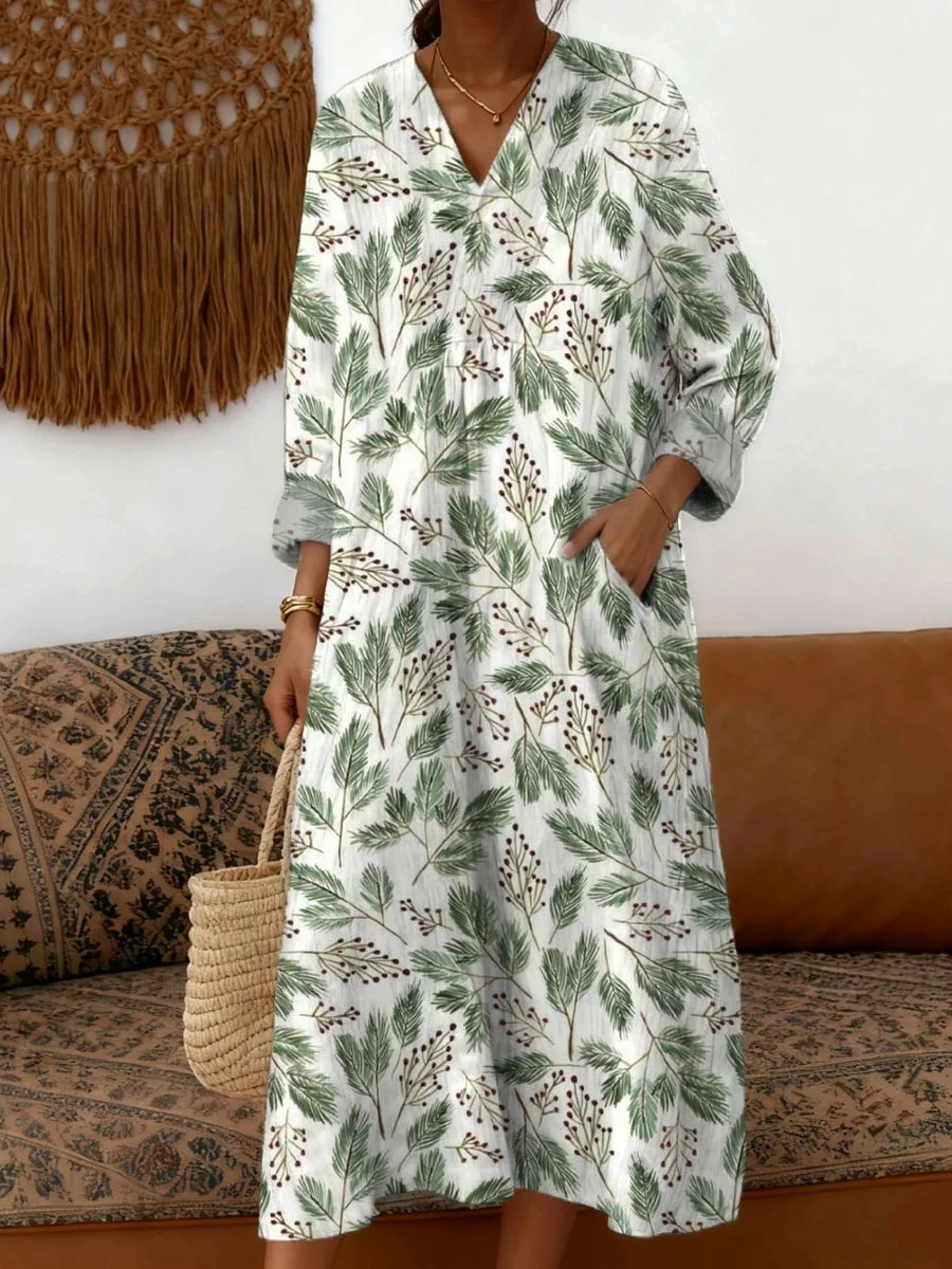 Women Geometric Spring/Fall Dress V Neck Long Sleeve A-Line Dress