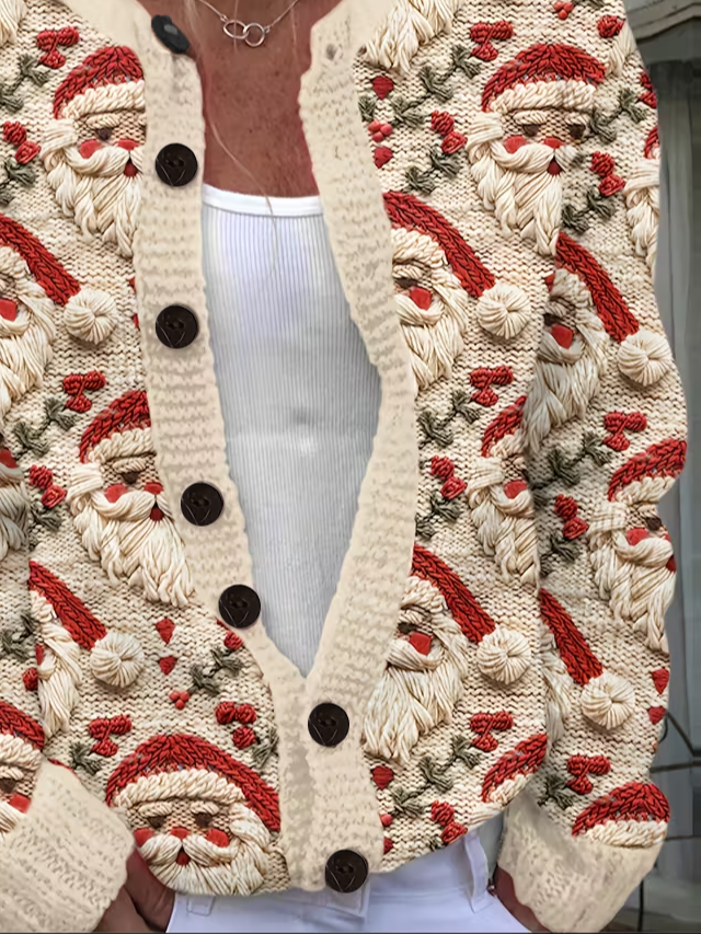 Women Santa Claus Long Sleeve Comfy Vintage Printing Cardigan