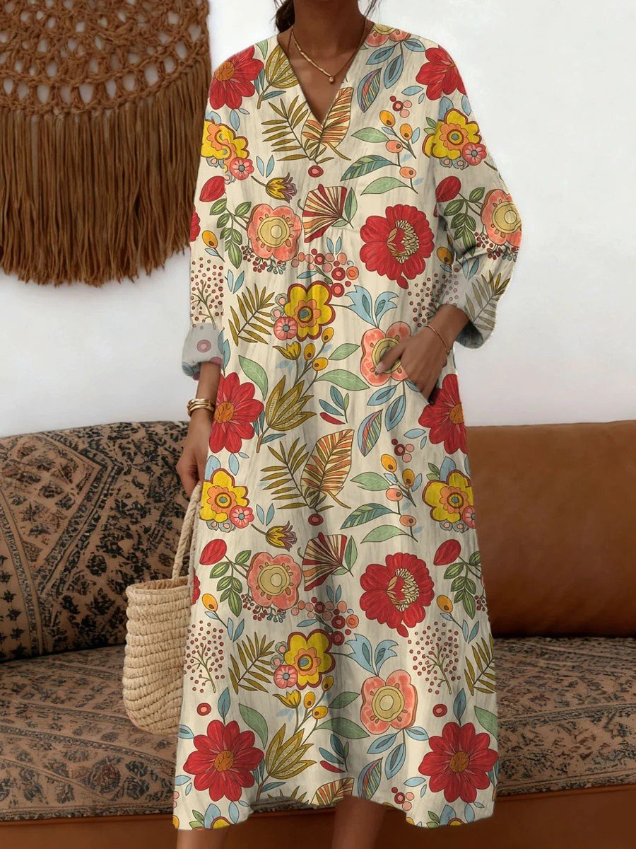 Women Geometric Spring/Fall Dress V Neck Long Sleeve A-Line Dress