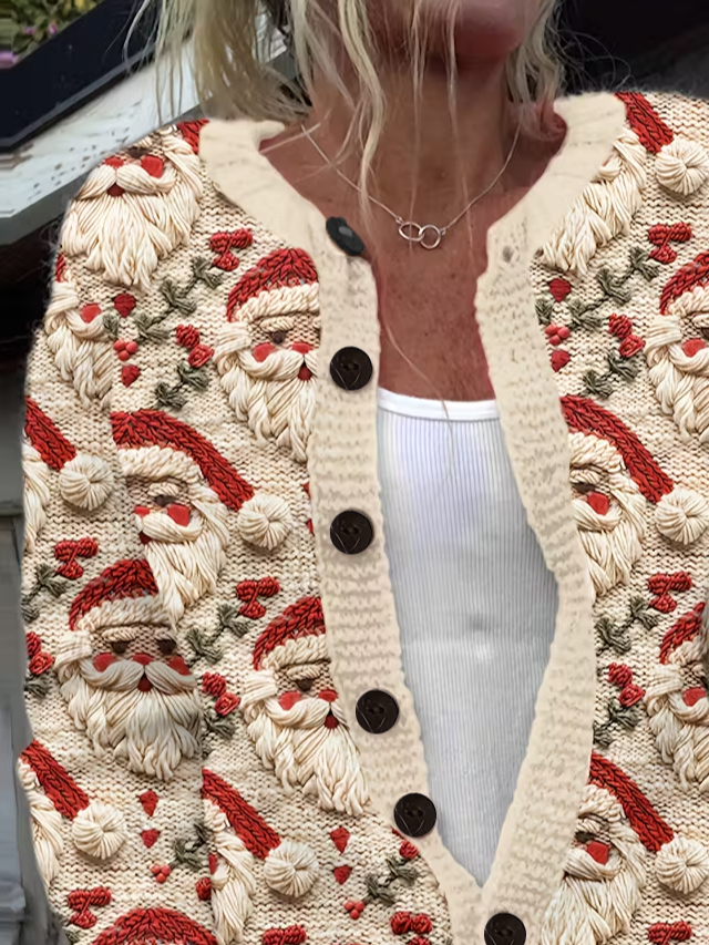 Women Santa Claus Long Sleeve Comfy Vintage Printing Cardigan