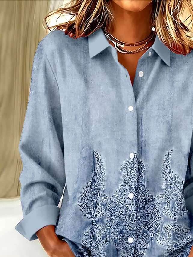 Shirt Collar Regular Sleeve Long Sleeve Floral Buckle Regular Loose Button Up Shirt Shirt For Women