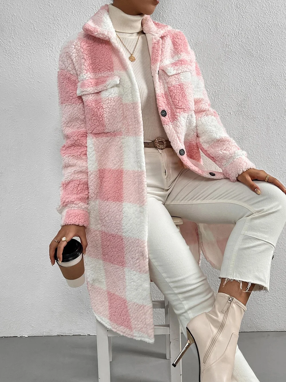 Women Winter Outerwear Casual Printing Plaid Long Sleeve Shawl Collar Jacket