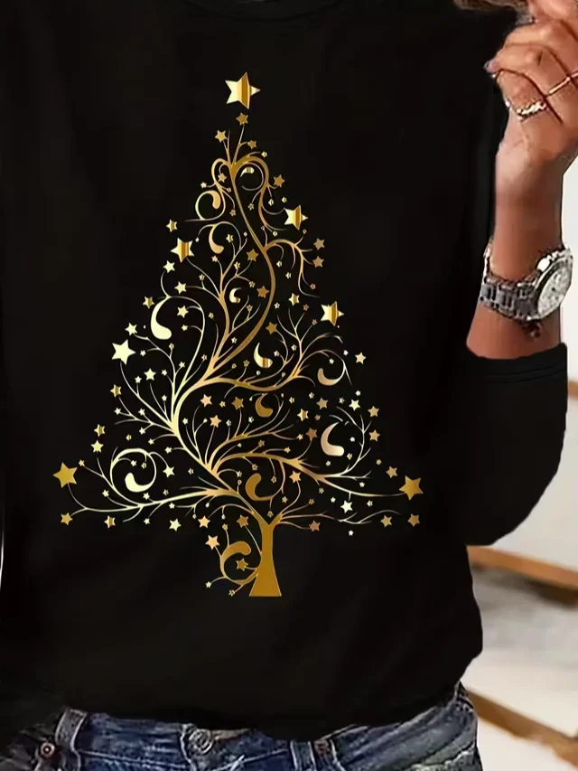 Casual Christmas Crew Neck Long Sleeve T-shirt