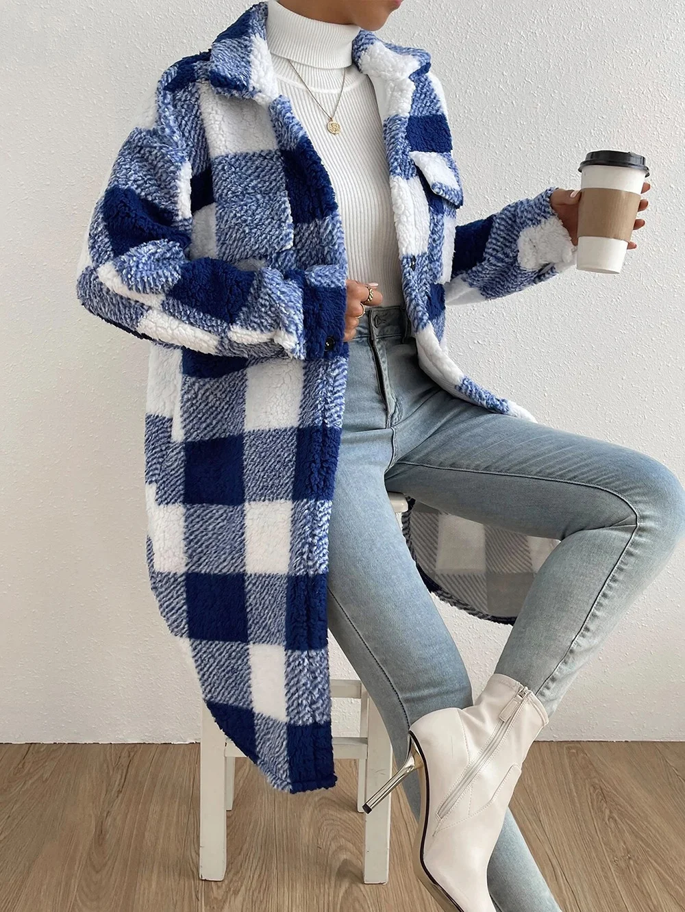 Women Winter Outerwear Casual Printing Plaid Long Sleeve Shawl Collar Jacket