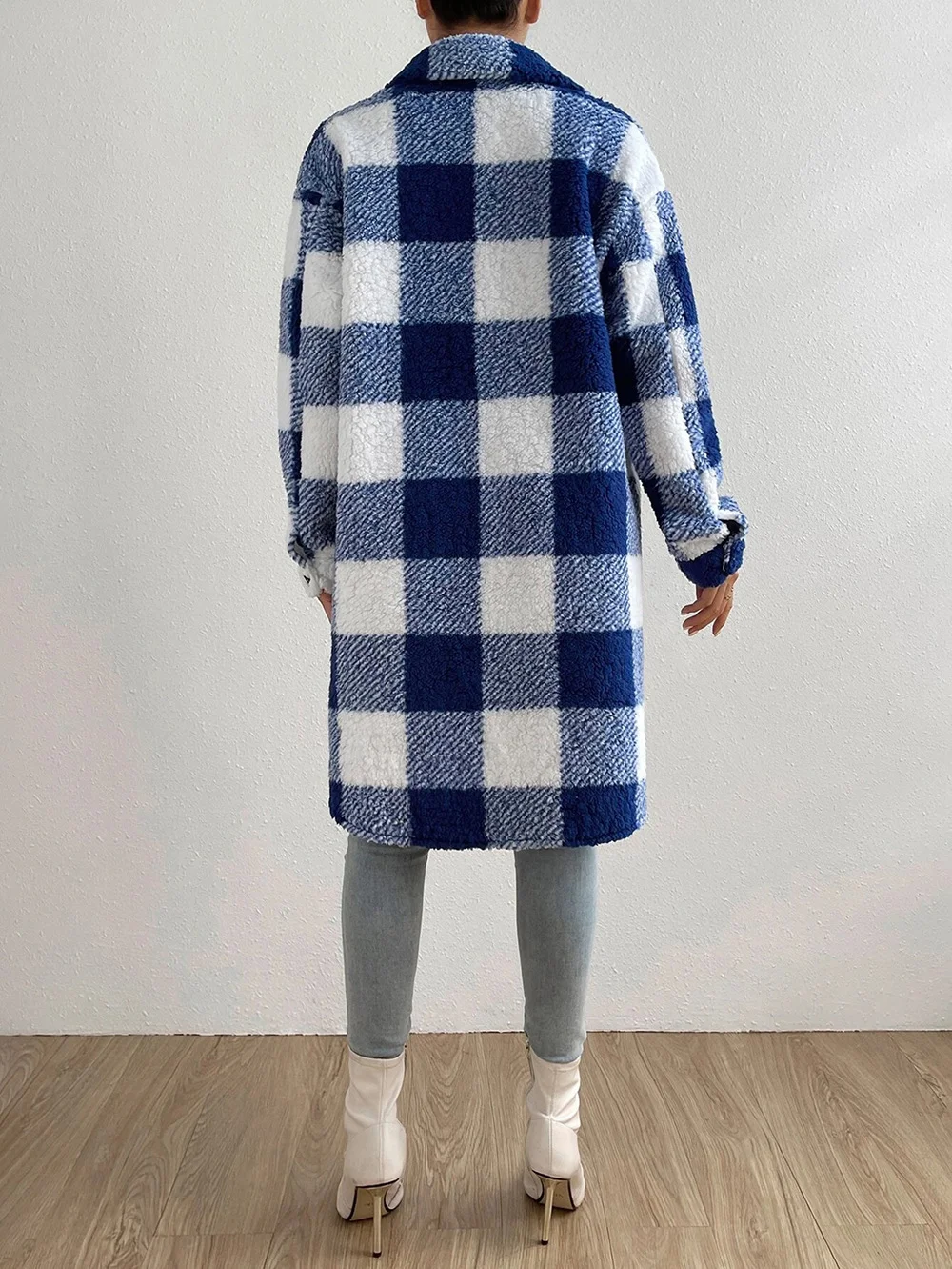 Women Winter Outerwear Casual Printing Plaid Long Sleeve Shawl Collar Jacket