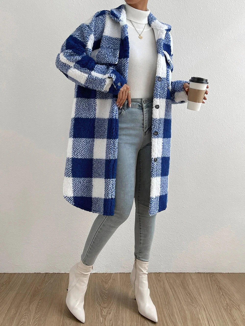 Women Winter Outerwear Casual Printing Plaid Long Sleeve Shawl Collar Jacket