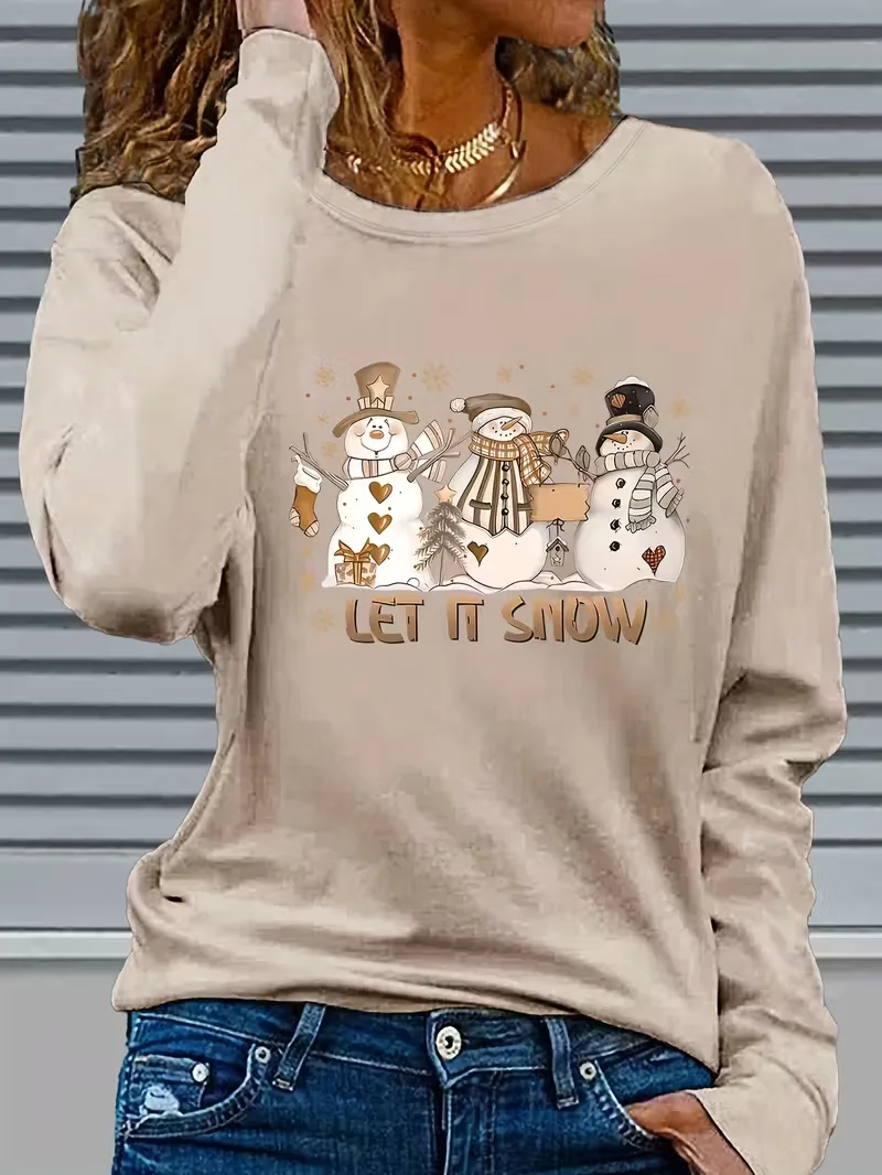 Casual Christmas Snowman Crew Neck Long Sleeve T-shirt